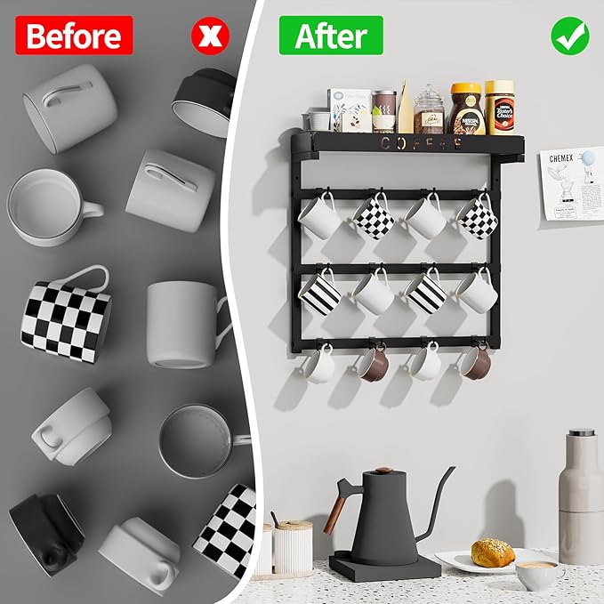 Coffee Mug Holder Wall Mounted with 12 Movable Hooks, Metal Coffee Cup Holder with Top Shelf, Mug Rack Wall Mount for Home Kitchen Display and Collection
