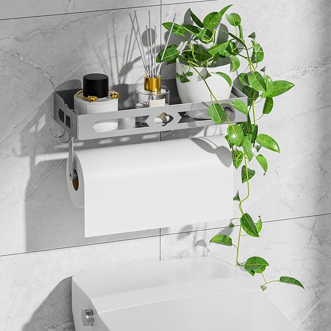 Stylish Kitchen Paper Towel Holder with Shelf - Adhesive Hand Towel Holder for Bathroom Wall Mount, Rust-Resistant Matte Grey Finish for RV Toilet Paper Holder Rack, Easy One-Handed Operation Design
