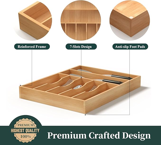 Silverware Organizer, Bamboo Kitchen Drawer Organizer, Utensil Holder, Cutlery Tray & Spoon Flatware Storage with Grooved Drawer Dividers (13''W x 17''D)