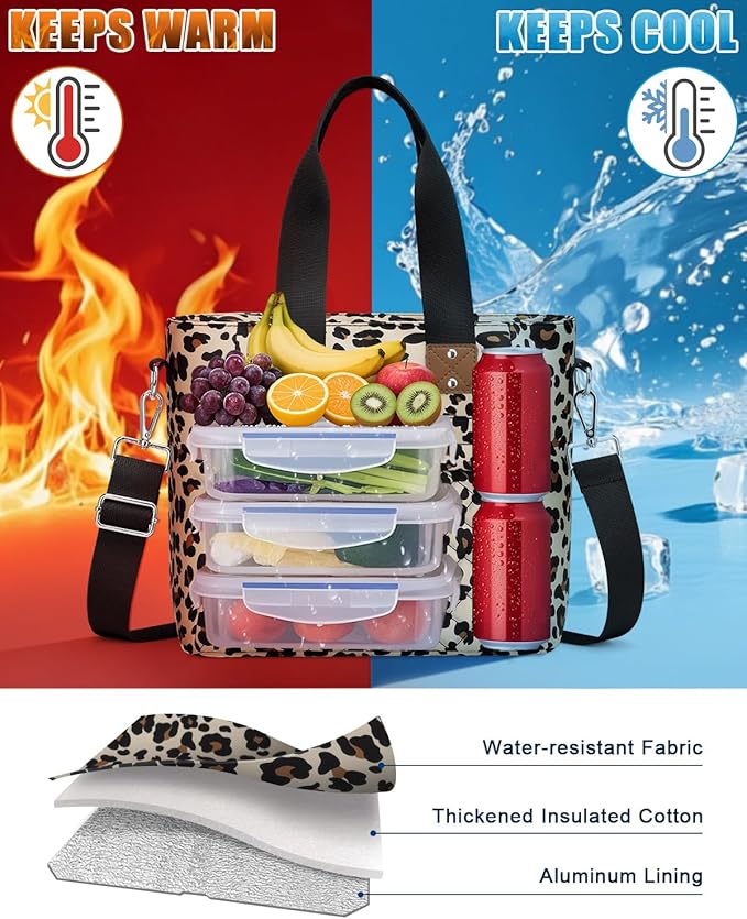 Capolo Insulated Lunch Box for School - Large Thermal Lunch Bag Women with Removable Shoulder Strap, Reusable Lunch Cooler Tote Bags Purse for Adults Work, Picnic, Hiking, Beach, Travel, LargeLeopard
