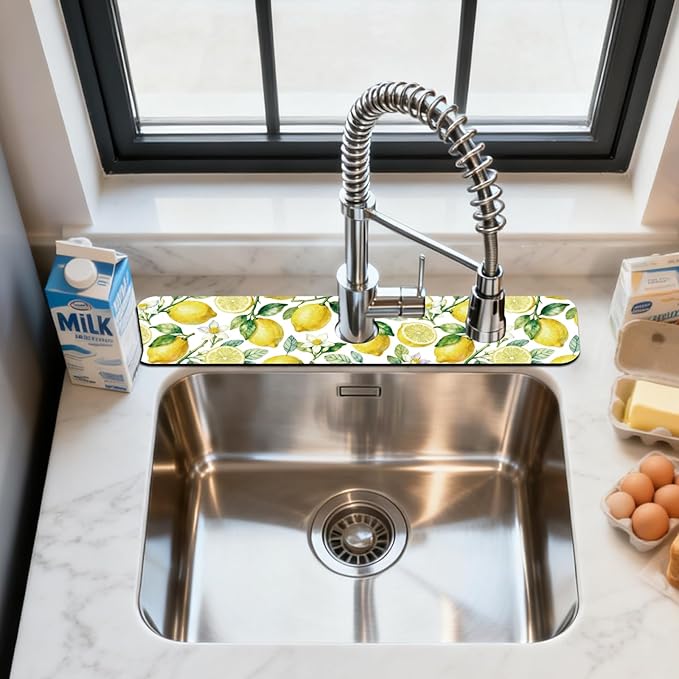 2 Pcs Kitchen Sink Splash Guard Faucet Mats Lemon Pattern Faucet Mat for Sinks Fruit Absorbing Drying Mat for Kitchen Bathroom, 23.6x5.5inch