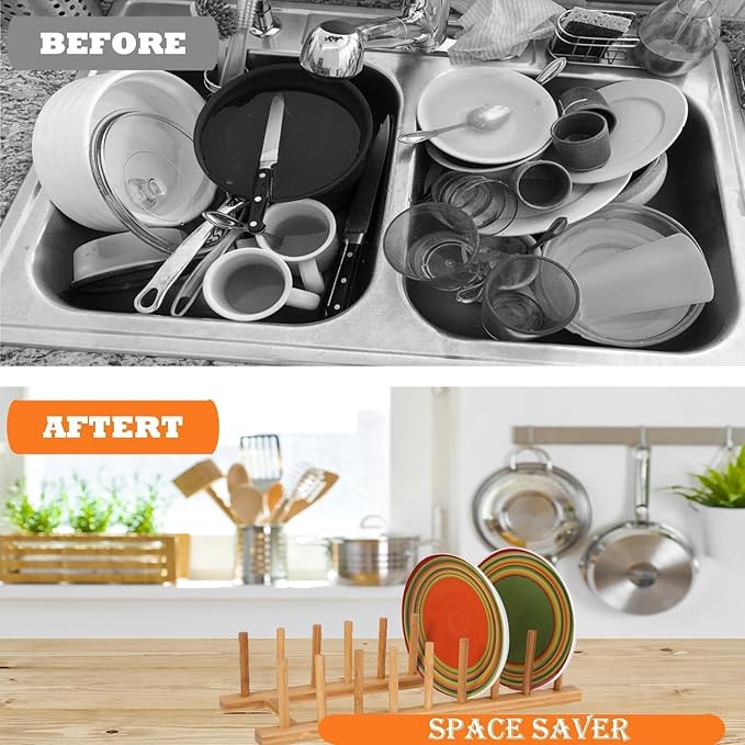 Bamboo Dish Drying Rack Kitchen Cabinet Organizer, Plate Pot Lid Organizer, Wooden Drying Rack Stand Drainer for Dish, Pots, Lids, Bowls, Cups, and Cutting Boards and Books (2PCS)