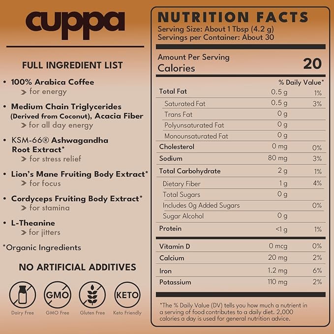 Cuppa Coffee - Great tasting medium roast with mushrooms, adaptogens & superfoods - Lion's Mane, Ashwagandha, Cordyceps, MCT, Prebiotic Fiber & L-Theanine. Supports natural energy & better mental focus, overall well-being + a happier gut (60 Servings)