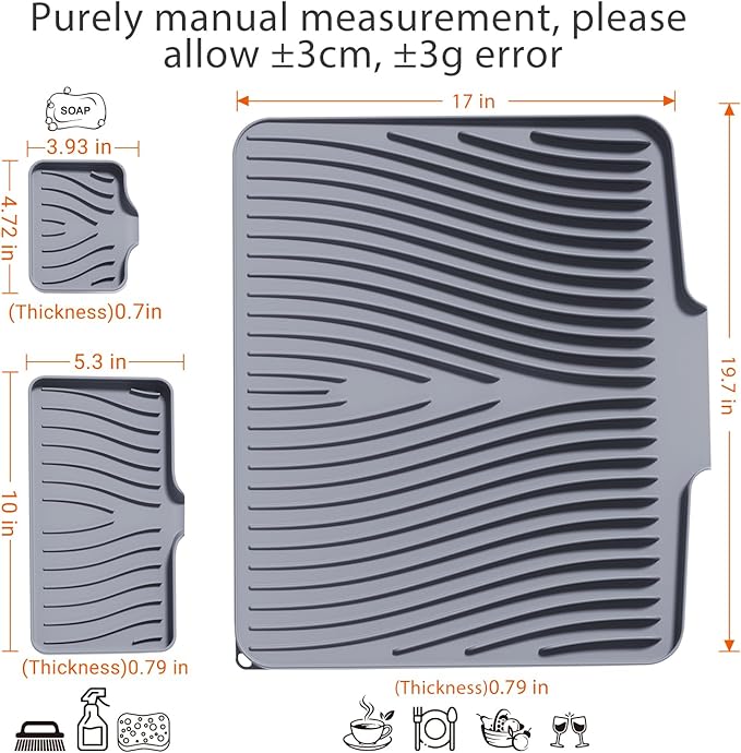 Silicone Dish Drying Mat for Kitchen Counter, Dish Drying Pad, Non-Slip Drain Pad with Built-in Drain, Heat Resistant Stone Drying Mat,Grey-1Set XL