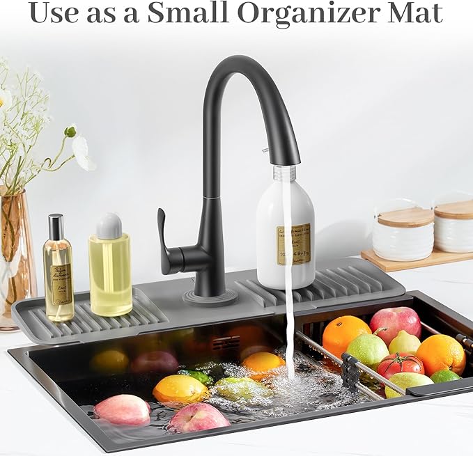 PoYang 17.7 Inch Faucet Mat for Kitchen Sink Splash Guard Behind Faucet, Sink Protectors for Kitchen Sink Faucet Mat Splash Guard for Kitchen Sink Area, Long Silicone Faucet Guard & Draining Mat, Grey