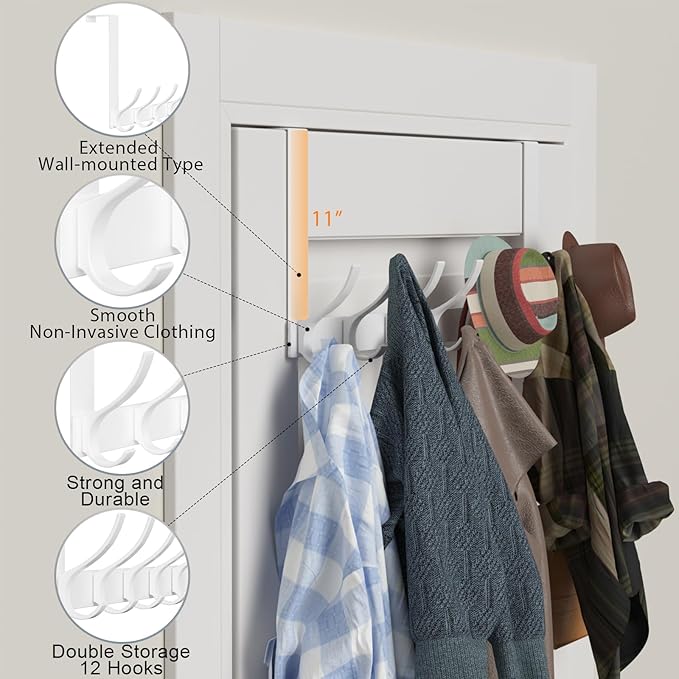 2 Pack Large Over The Door Hooks, Sturdy Door Hanger with 12 Hooks, Door Towel Rack for Bathroom, Bedroom, Kitchen, Coat Rack for Hanging, Easy to Install (White)