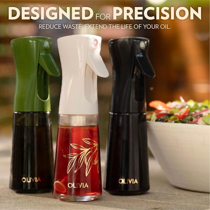OLIVIA SIGNATURE Advanced Kitchen Oil Sprayer with Flairosol Technology, Fine Mist & Portion Control, Refillable Glass Olive Oil Cooking Spray Bottle for Air Fryer, Salad, BBQ, 200ml (Golden Leaves)