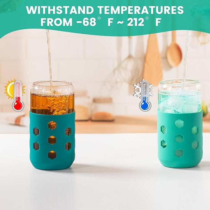 Mrsdry Glass Cups with Lids and Straws (4 Pack), 16oz Drinking Glasses Set with Silicone Sleeves for Coffee Bar Accessories Iced Coffee Cups with Lids, Glass Tumbler Reusable for Gifts