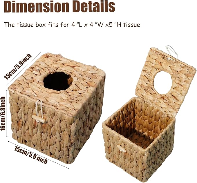 PINXIURY Tissue Box Cover Square Handwoven Rattan Tissue Box Holder, Natural Handmade, Boho Decorative Handcrafted Square Facial Tissue Holder with Lid, Rustic Decorative on Table and Bathroom, Office