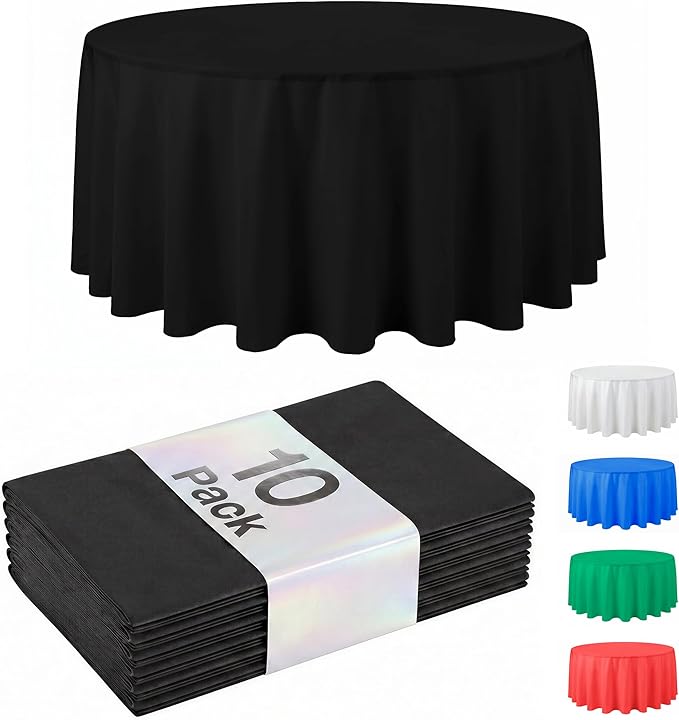 Auros Premium Plastic Tablecloths 10 Pack, 84'' Round Disposable Table Covers, Thick & Durable, Waterproof & Spill-Proof, Easy Cleanup for Parties, Wedding, Picnic, Onyx Black