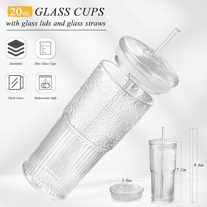 DWTS DANWEITESI Glass Cups with Lids and Straws 4 Pcs,20oz Glasses Drinking Set Vintage Textured Clear Iced Coffee Cups with Lids,Reusable Glass Tumbler with Straw and Lid for Coffee Bar Accessories