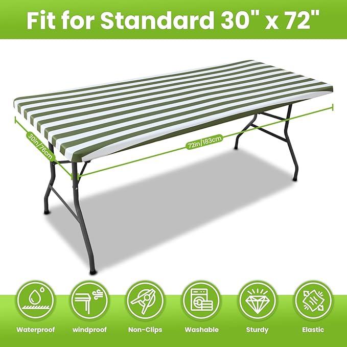Smiry Spandex Fitted Tablecloth for 6 Foot Rectangle Tables, Washable Picnic Table Cover with Elastic, Stretch Reusable Table Cloth for Outdoor, Camping, Dining & Kitchen (Stripe, 30"x72")