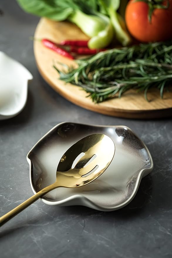 Ceramic Spoon Holder for Stove Top, Cute Coffee Spoon Rest with Ruffled Edge for Coffee Bar, Cooking Stove Spoon Holder for Multiple Utensils, Modern Kitchen Decor Housewarming Christmas Gift