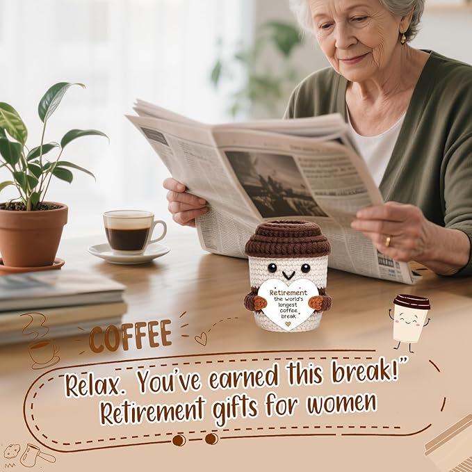 Mini Retirement Gift for Women Men Handmade Crochet Coffee for Coworker Mentors Leader Teachers Nurse Friends Mom Grandma Retired Farewell Going Away Goodbye Gifts for Women Men Retirement Party