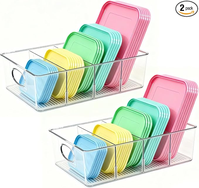 2 Pack Lid Organizer for Kitchen Cabinet Food Storage Container Lids, Clear Plastic Adjustable Dividers, Lid Organizers Inside Cabinet for Kitchen Organizers and Storage