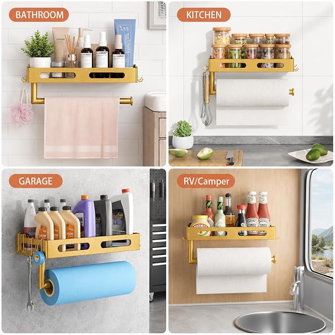 Paper Towel Holder Wall Mount with Shelf, Easy One Hand Tear, Adhesive Glue or Drill Mount Hanging Paper Towel Holder with Shelf for Kitchen/Bathroom/RV, Golden Metal, 4 Hooks