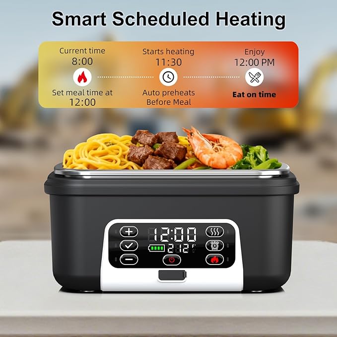 Cordless Electric Heated Lunch Box, XL 6.3Cups Rechargeable Food Warmer Lunch Box with Self Heating, Smart Timer, Adjustable Temperature, Leakproof, BPA Free, Removable Divider Dark Black