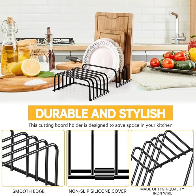 Kitchen Cutting Board Organizer Rack, 5-Slot Storage Holder for Boards, Bakeware, Cookie Sheets (2pc Black)