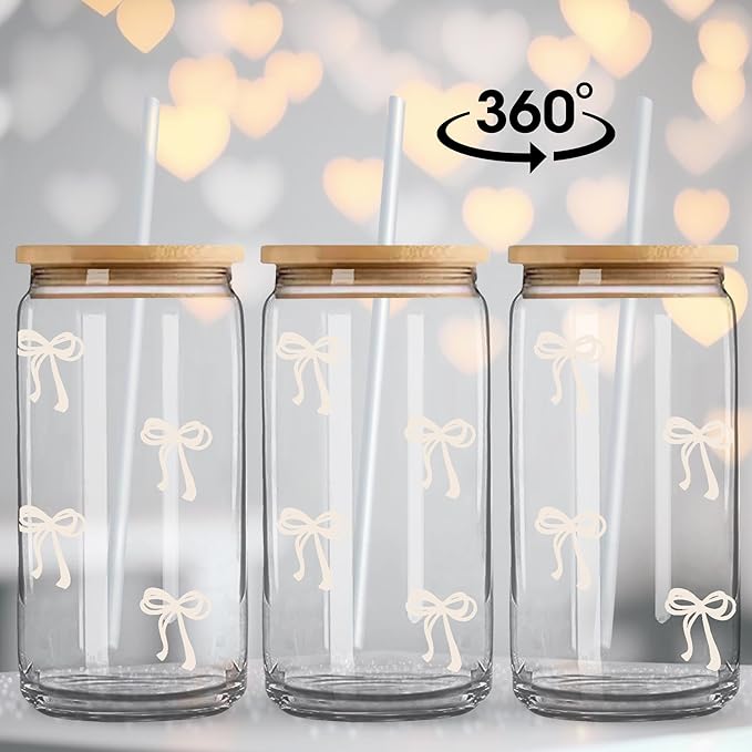 Coquette Cute Cream Bow Glass Cups with Lids and Straws, Aesthetic Iced Coffee Cup Girly Preppy Tumbler Mug Room Decor, Christmas Valentines Birthday Gifts for Women, Teen Girl Gifts Trendy Stuff