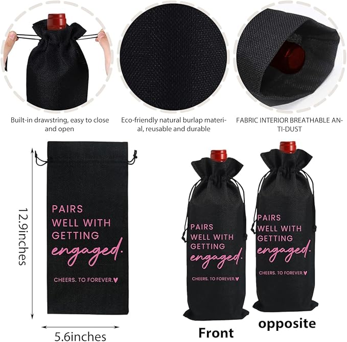 Engaged Gifts, Engagement Gifts for Couples Her, Engagement Party Decorations Gifts for Engaged Couple Wine Bag, Pairs Well with Getting Engaged Wine Bottle Bag（Black）