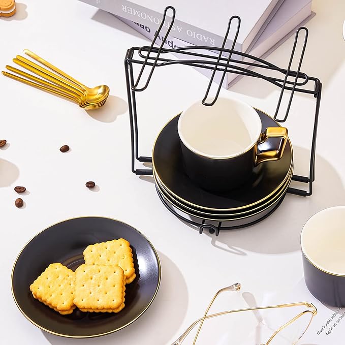 Tea Cup Holder, Coffee Cups and Saucers Display Stand, Metal Foldable Storage Rack for Espresso and Cappuccino Cup - Black