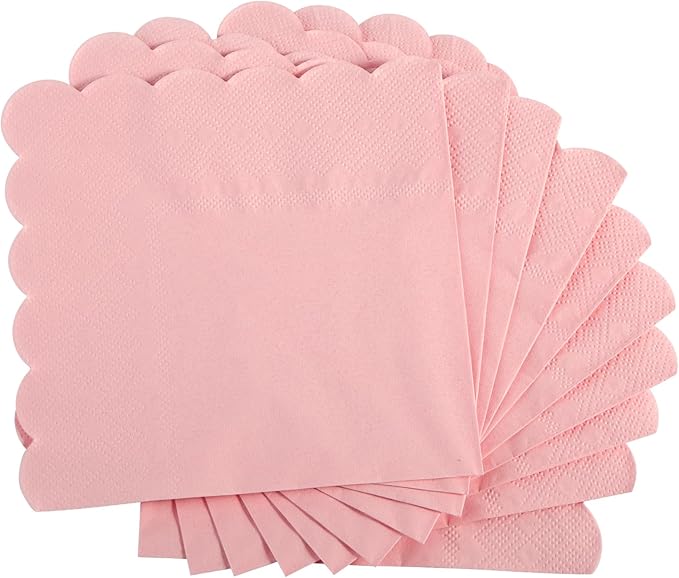 100 Pcs Cocktail Napkins, 2-Ply 5 x 5 Inches Disposable Scalloped Napkins, Thick Premium Dessert Napkins for Party, Wedding, Dinner, Birthday, Anniversary, Festival (Pink)
