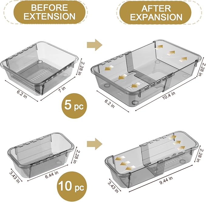 15 Pcs Extendable Clear Drawer Organizer, All Adjustable Vanity Storage Box, 2-Size Desk Drawer Organizer, Acrylic Storage Bins for Makeup, Bedroom Dressers Tool Organizer for Gadgets, Black