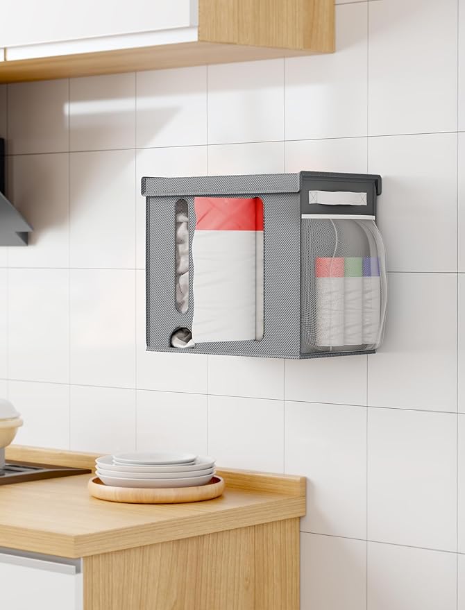 NiHome 2-in-1 Nonwoven Fabric Trash Bag Dispenser & Grocery Bag Holder, Large Adjustable Organizer for 4-33 Gallon Rolls, Wall-Mounted or Countertop Use, Multi-Purpose for Kitchen, Bathroom (Gray)