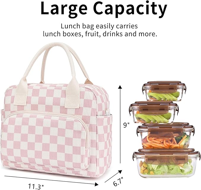 Lunch Bag Women Lunch Box for Women Adult Cute Insulated Lunch Bag Lager Cooler Lunch Tote Bags for Work Picnic (Beige-Pink Plaid)