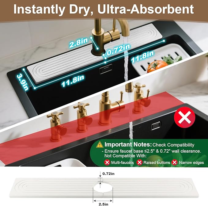 Stone Faucet Mat for Kitchen Sink, Absorbent Faucet Mat Quick Dry Stone Mat Kitchen Sink Protectors, Diatomaceous Earth Faucet Splash Guard Stone Sink Tray Pad for Bathroom Counter RV, White 24"x4"