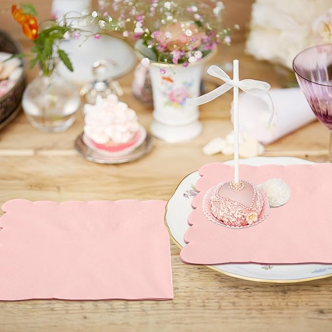 100 Pcs Cocktail Napkins, 2-Ply 5 x 5 Inches Disposable Scalloped Napkins, Thick Premium Dessert Napkins for Party, Wedding, Dinner, Birthday, Anniversary, Festival (Pink)