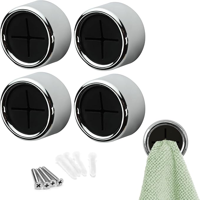 S&T INC. Round Adhesive Push Towel Hooks for Kitchen, Hand and Dish Towels, Black, 4 Pack