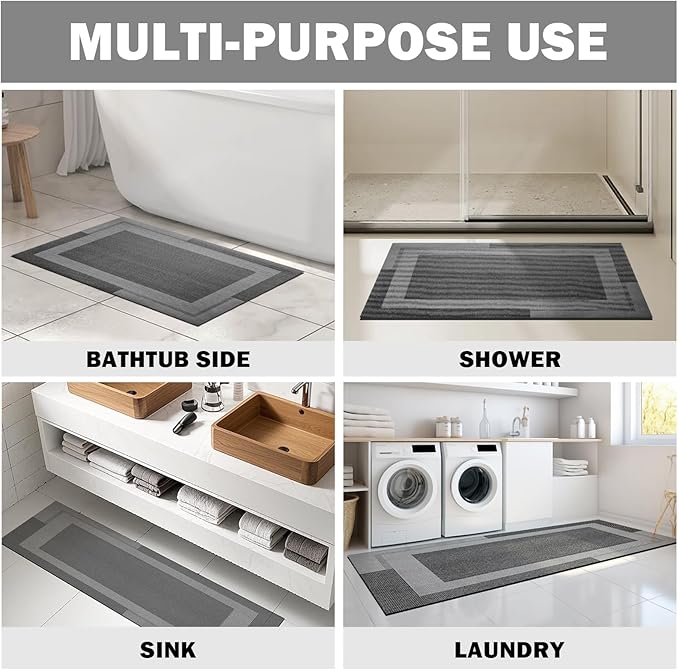 Non Slip Long Bathroom Runner Rug Bath Mat, Rubber Backing Ultra Thin Bathroom Rugs Fit Under Door Quick Dry Super Absorbent Washable Shower Mat for Bathtub Sink Floor, Dark Grey 17"x59"