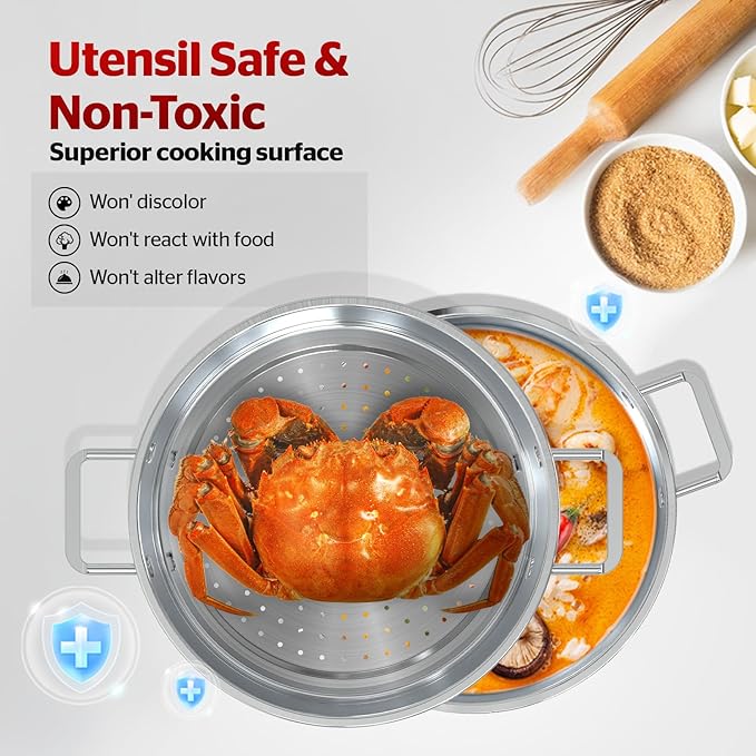 SUNHOUSE 2-Tier Stainless Steel Steamer Pot for Cooking - Large 5.5 QT Steamer Basket & 3.8 QT Stockpot - Tri-Ply Base Vegetable Steamer with Stay-Cool Silicone Handles and Lid - Induction Compatible