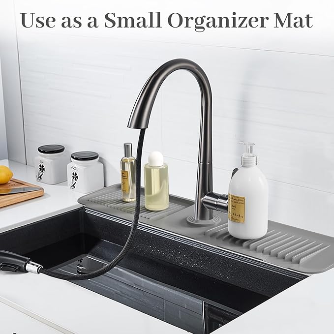 PoYang 24 Inch Faucet Mat for Kitchen Sink Splash Guard Behind Faucet, Sink Protectors for Kitchen Sink Faucet Mat Splash Guard for Kitchen Sink Area, Longer Silicone Faucet Guard & Draining Mat, Grey