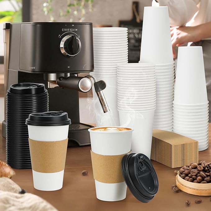 Lamosi 50 Pack 20 oz Disposable Coffee Cups with Lids and Sleeves, White To Go Leak-Proof Paper Cups for Picnics, Parties, Travel, Offices and Coffee Bar Supplies