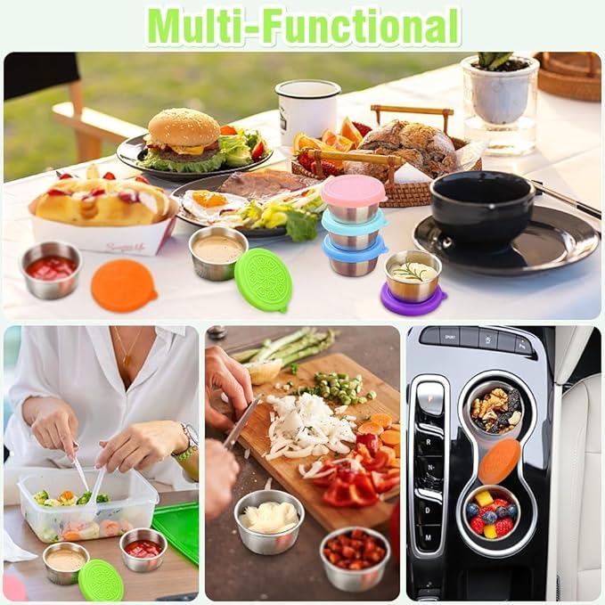 Showvigor 6-Pack Salad Dressing Containers, 1.7 oz Stainless Steel Condiment Containers with Silicone Lids, Leakproof Reusable Sauce Cups for Lunch Box, Picnic and Travel