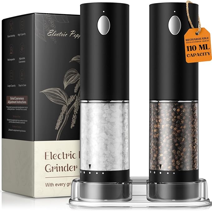 Electric Salt and Pepper Grinder Set, Rechargeable Automatic Salt and Pepper Shaker with 6 Adjustable Coarseness, Large-Capacity Pepper Mill Kitchen Appliances Gifts for Women(Black）