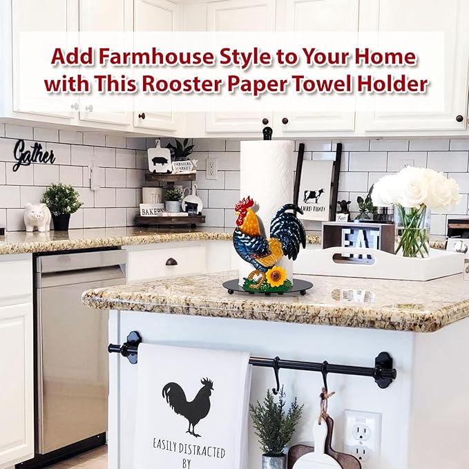Rooster Paper Towel Holder Countertop - Sunflower & Chicken Farmhouse Kitchen Decor and Accessories, Rustic Housewarming Gift for Rooster & Farmhouse Enthusiasts, Weighted Base