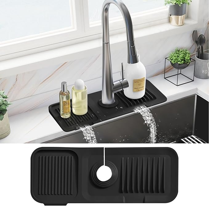 PoYang 14.6 Inch Faucet Mat for Kitchen Sink Splash Guard Behind Faucet, Sink Protectors for Kitchen Sink Faucet Mat Splash Guard for Kitchen Sink Area, Short Silicone Faucet Guard Draining Mat, Black