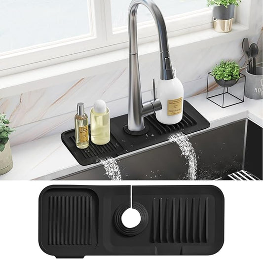 PoYang 14.6 Inch Faucet Mat for Kitchen Sink Splash Guard Behind Faucet, Sink Protectors for Kitchen Sink Faucet Mat Splash Guard for Kitchen Sink Area, Short Silicone Faucet Guard Draining Mat, Black