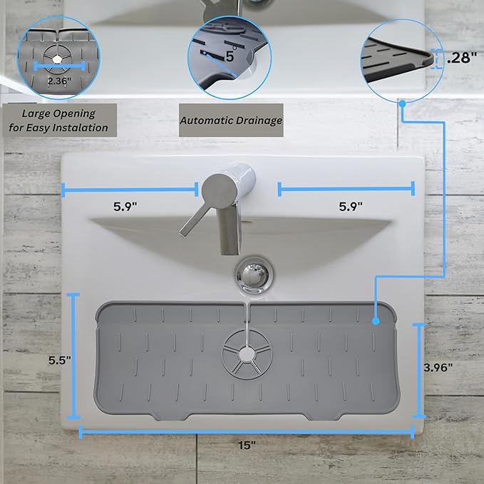 Silicone Sink Splash Guard, Drip Catcher Tray Mat | Kitchen Guard Gadgets Sink Accessories, kitchen sink sponge holder | 15"" x 5.5"" Drying Mat for Kitchen Counter, faucet accessories - Grey, Gray