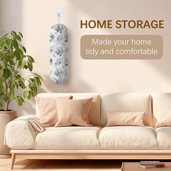 Plastic Bag Holder Dispenser, Floral Plastic Grocery Bag Organizer & Wall Mount Paper Trash Bags Saver Storage for Kitchen Home Pantry Decor, Hydrangea Floral Kitchen Decor