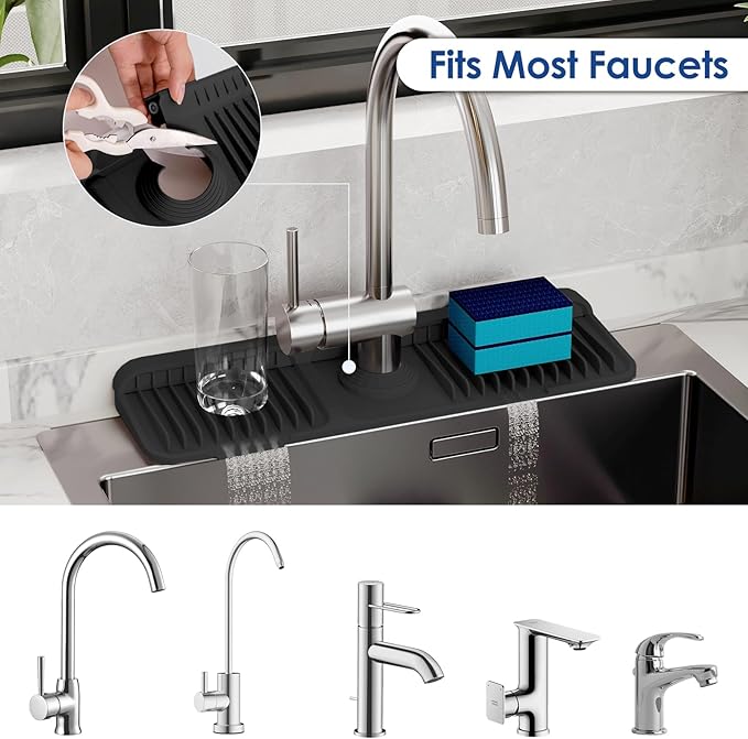 17.7 Inch Silicone Faucet Mat for Kitchen Sink Splash Guard - 7° Slope Upgraded Water Draining Mat with Fasten Button for Bathroom Area(Black, 17.7''x5.5'')