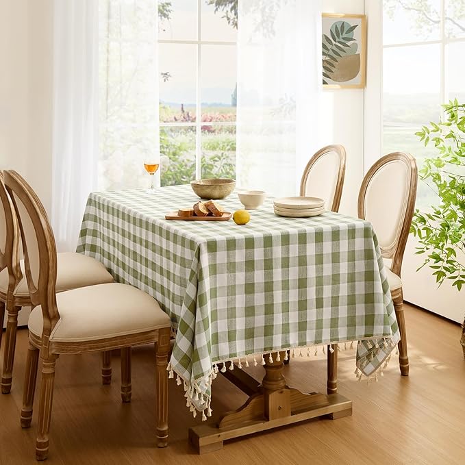 Softalker Outdoor Checkered Tablecloth Square, Spring Summer Linen Cotton Gingham Table Cloth with Tassel, Heavy Duty Wrinkle Free Buffalo Plaid Table Cover for Picnic Camping - 55 x 55 Inch, Sage