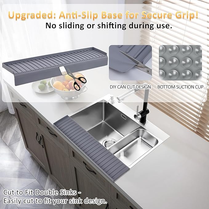 Sink Edge Protector with Suction Cup 4"x14", Silicone Sink Splash Guard for Kitchen & Bathroom, Protect Countertop from Scratches, Stains, for Stainless Steel Granite Quartz-Grey