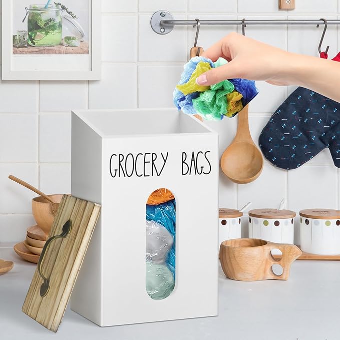 Farmhouse Grocery Bag Holder for Plastic Bags,Plastic Bag Holders for Grocery Bags,Bag Holder for Plastic Bags Groceries Store with Lid,Plastic Bag Holder Under Sink for Kitchen Storage Organization
