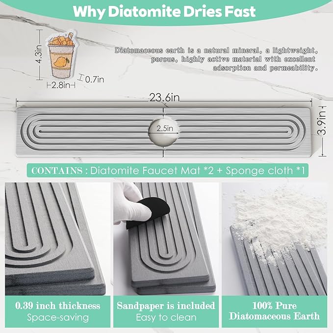 Stone Faucet Mat for Kitchen Sink, Diatomite Drying Stone Tray & Sink Protector, Water-Absorbing Splash Guard, Prevent Moisture on Kitchen & Bathroom Counter (Light Grey,23.6" x 3.9")