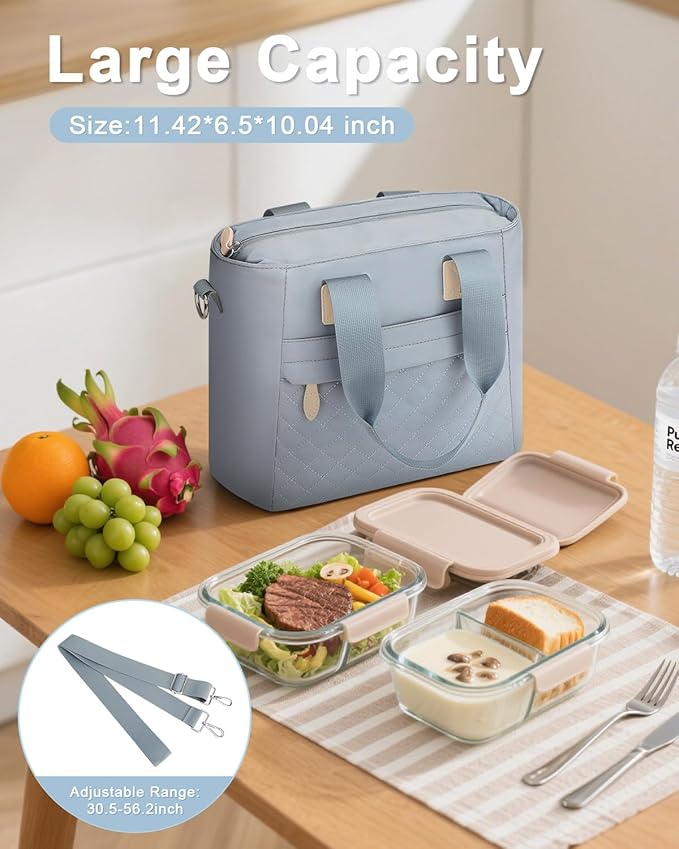 Insulated Lunch Box for Women & Men - Large Thermal Lunch Bag Women with Removable Shoulder Strap, Reusable Lunch Cooler Tote Bags Purse for Adults Work, Picnic, Hiking, Beach, Travel, Medium，Blue