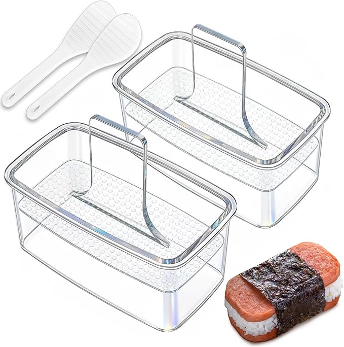 2PCS Clear Musubi Press Mold, Non-Stick Musubi Maker, BPA-Free Onigiri Mold Sushi Press for Hawaiian Musubi Home DIY (with 2 Rice Ladles)